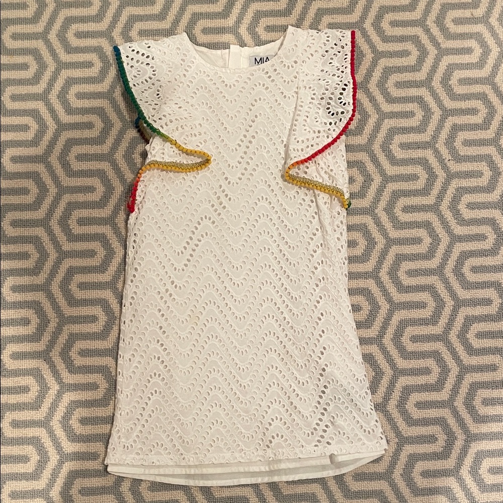 MIA White Eyelet Dress with Rainbow Trim